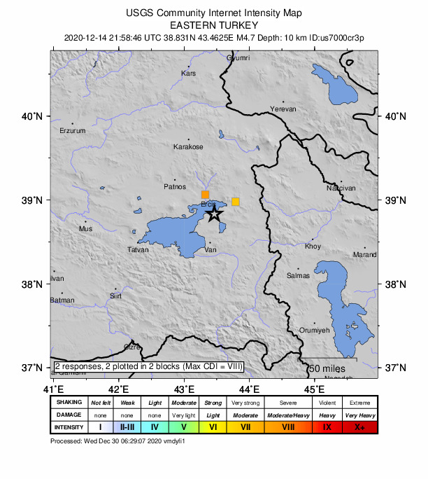 USGS DYFI community-reported intensity map for the M4.7 earthquake near 23 km SSE of Erci?, Turkey