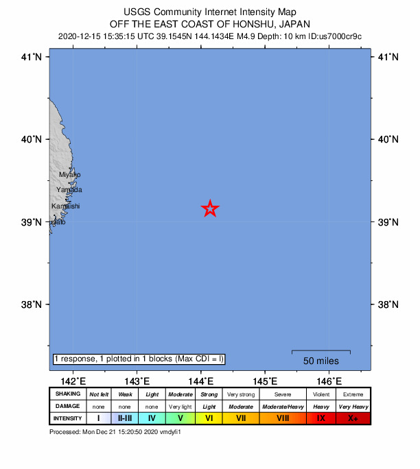 USGS DYFI community-reported intensity map for the M4.9 earthquake near 192 km E of Yamada, Japan