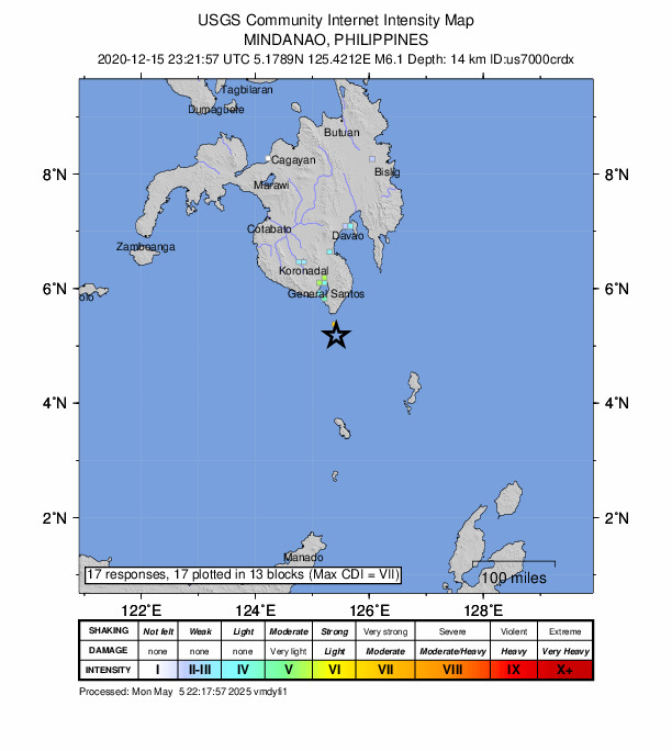 USGS DYFI community-reported intensity map for the M6.1 earthquake near 25 km S of Sarangani, Philippines