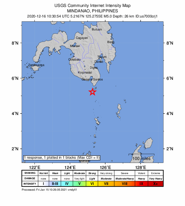 USGS DYFI community-reported intensity map for the M5.0 earthquake near 29 km SW of Sarangani, Philippines