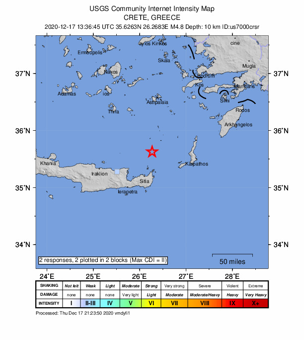 USGS DYFI community-reported intensity map for the M4.8 earthquake near 51 km N of Palekastro, Greece