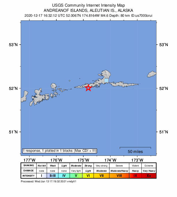 USGS DYFI community-reported intensity map for the M4.6 earthquake near 47 km WSW of Atka, Alaska