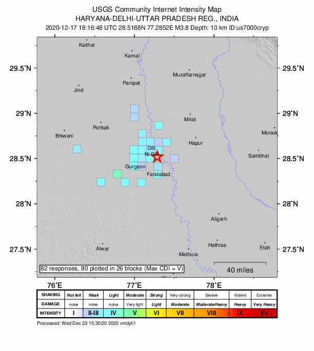 USGS DYFI community-reported intensity map for the M3.8 earthquake near 5 km ENE of Deoli, India