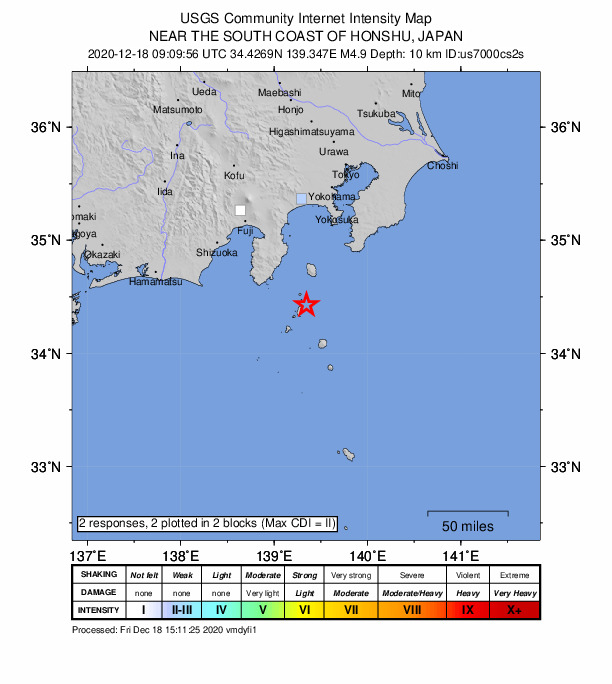 USGS DYFI community-reported intensity map for the M4.9 earthquake near 46 km ESE of Shimoda, Japan