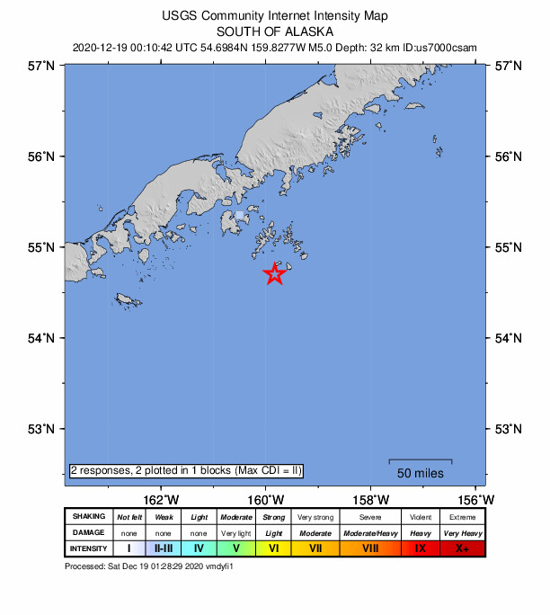 USGS DYFI community-reported intensity map for the M5.0 earthquake near 89 km SSE of Sand Point, Alaska