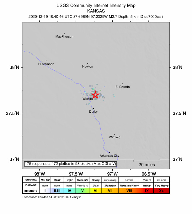 USGS DYFI community-reported intensity map for the M2.7 earthquake near 2 km ENE of Eastborough, Kansas