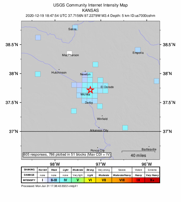 USGS DYFI community-reported intensity map for the M3.4 earthquake near 4 km NE of Eastborough, Kansas