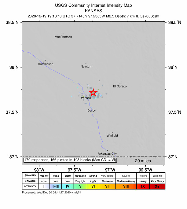 USGS DYFI community-reported intensity map for the M2.5 earthquake near 3 km NE of Eastborough, Kansas