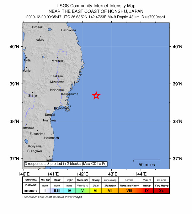 USGS DYFI community-reported intensity map for the M4.9 earthquake near 78 km ESE of ?funato, Japan