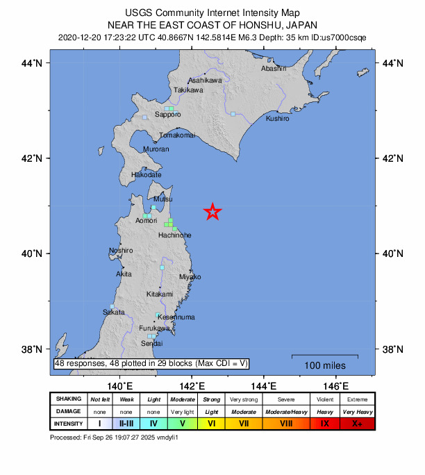 USGS DYFI community-reported intensity map for the M6.3 earthquake near 100 km ENE of Hachinohe, Japan
