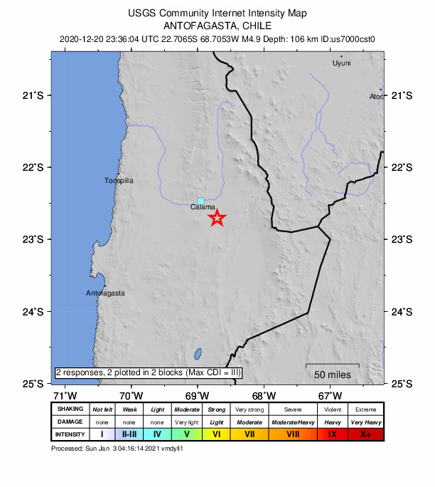 USGS DYFI community-reported intensity map for the M4.9 earthquake near Antofagasta, Chile