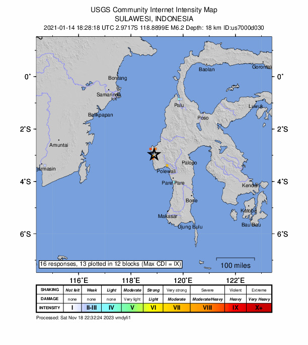 USGS DYFI community-reported intensity map for the M6.2 earthquake near 32 km S of Mamuju, Indonesia