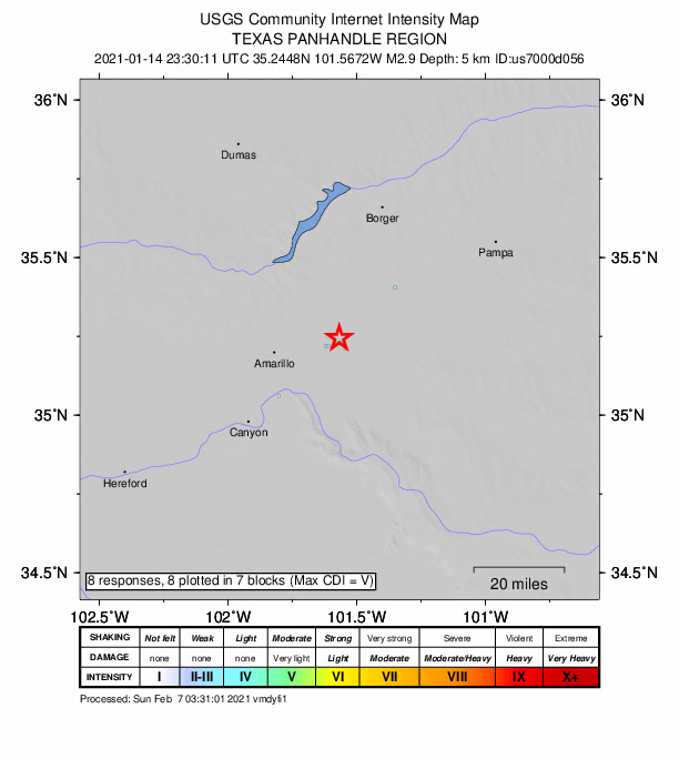 USGS DYFI community-reported intensity map for the M2.9 earthquake near 20 km WSW of Panhandle, Texas