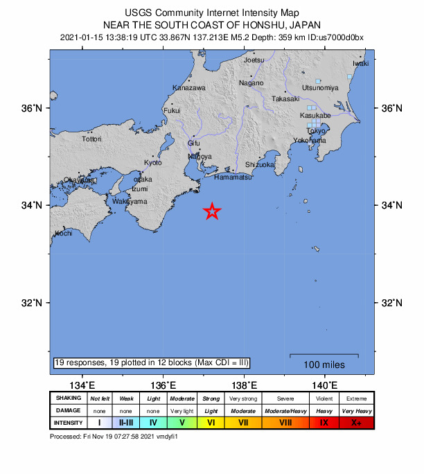 USGS DYFI community-reported intensity map for the M5.2 earthquake near 76 km SSE of Toba, Japan
