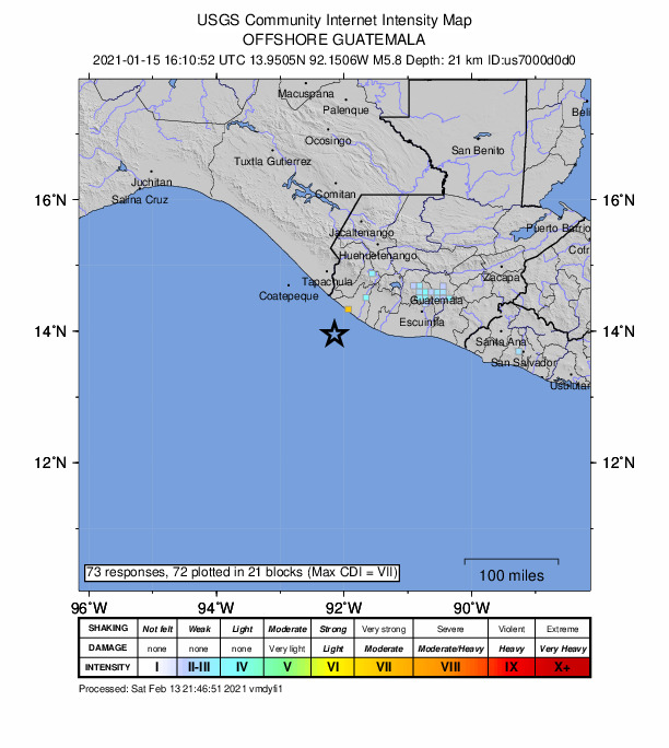 USGS DYFI community-reported intensity map for the M5.8 earthquake near 46 km SW of Champerico, Guatemala