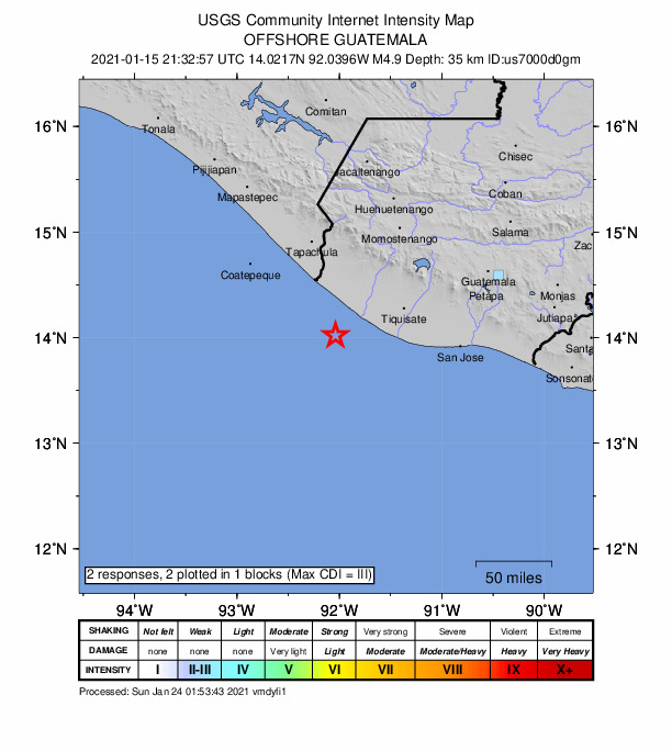 USGS DYFI community-reported intensity map for the M4.9 earthquake near 39 km SW of Champerico, Guatemala