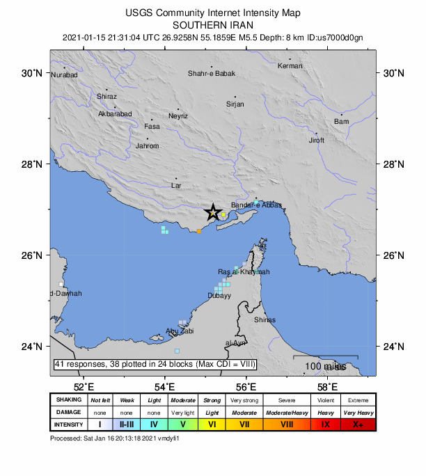 USGS DYFI community-reported intensity map for the M5.5 earthquake near 52 km NE of Bandar-e Lengeh, Iran
