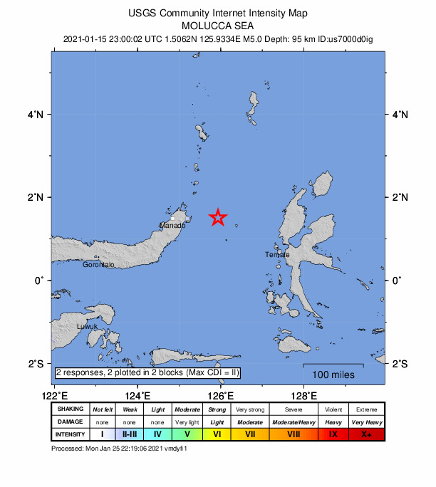 USGS DYFI community-reported intensity map for the M5.0 earthquake near 110 km E of Laikit, Laikit II (Dimembe), Indonesia