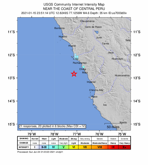 USGS DYFI community-reported intensity map for the M4.6 earthquake near 53 km SW of Chilca, Peru