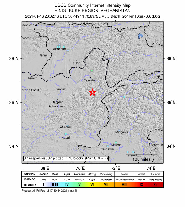 USGS DYFI community-reported intensity map for the M5.5 earthquake near 47 km SSW of Jurm, Afghanistan