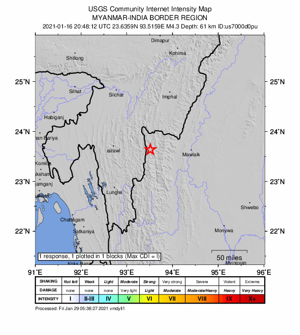 USGS DYFI community-reported intensity map for the M4.3 earthquake near 48 km NE of Khawhai, India