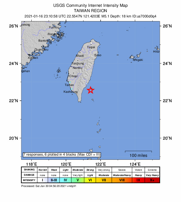 USGS DYFI community-reported intensity map for the M5.1 earthquake near 92 km NE of Hengchun, Taiwan