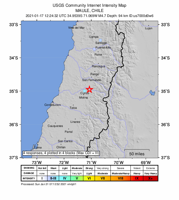 USGS DYFI community-reported intensity map for the M4.7 earthquake near 12 km SE of Teno, Chile