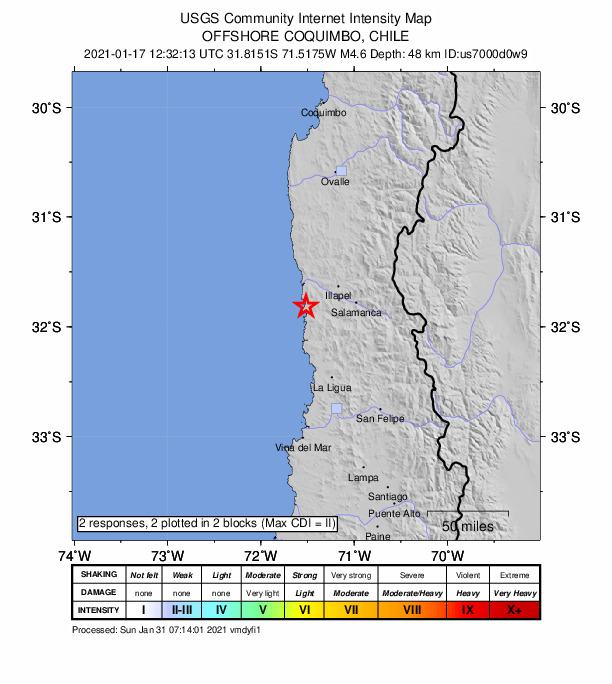 USGS DYFI community-reported intensity map for the M4.6 earthquake near 38 km WSW of Illapel, Chile