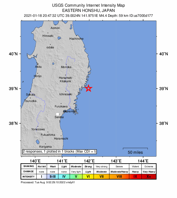 USGS DYFI community-reported intensity map for the M4.4 earthquake near 23 km ESE of ?funato, Japan