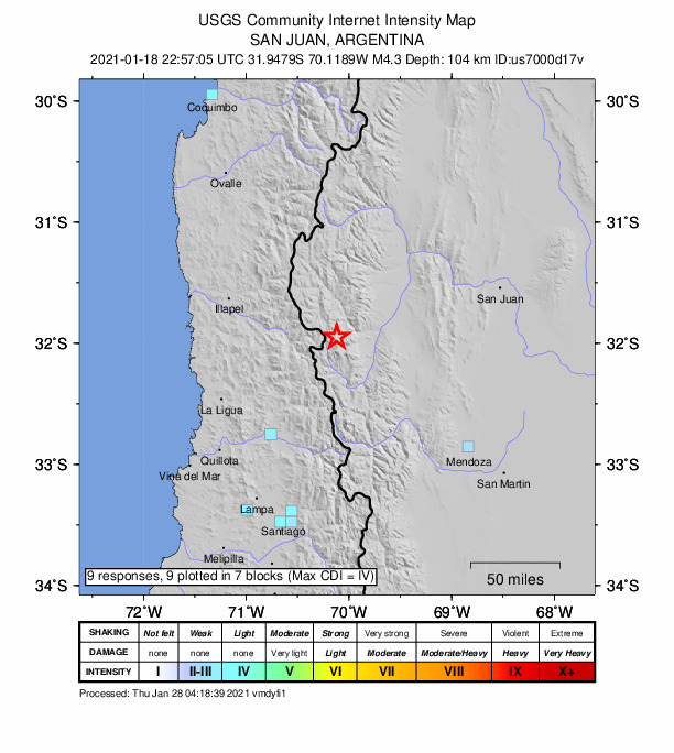 USGS DYFI community-reported intensity map for the M4.3 earthquake near 82 km ESE of Salamanca, Chile