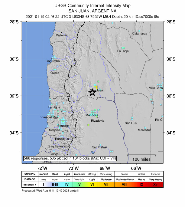 USGS DYFI community-reported intensity map for the M6.4 earthquake near 26 km SW of Pocito, Argentina