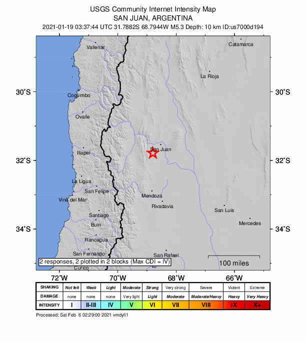 USGS DYFI community-reported intensity map for the M5.3 earthquake near 23 km WSW of Pocito, Argentina