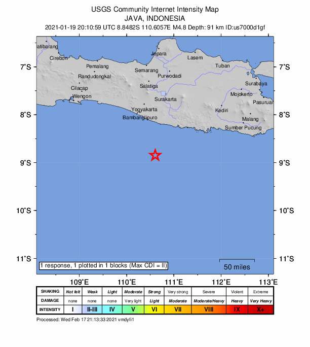 USGS DYFI community-reported intensity map for the M4.8 earthquake near 103 km SSE of Pundong, Indonesia