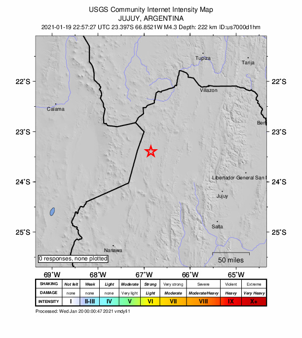 USGS DYFI community-reported intensity map for the M4.2 earthquake near 111 km NW of San Antonio de los Cobres, Argentina