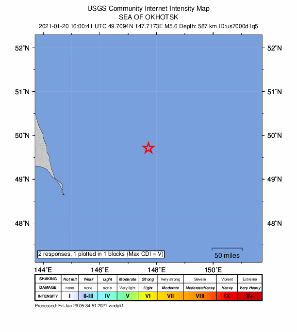 USGS DYFI community-reported intensity map for the M5.6 earthquake near Sea of Okhotsk