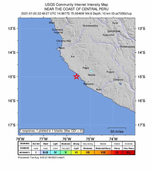 USGS DYFI community-reported intensity map for the M4.8 earthquake near 53 km SW of Changuillo, Peru