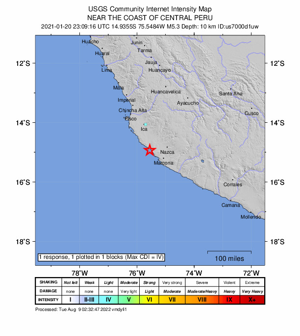 USGS DYFI community-reported intensity map for the M5.3 earthquake near 46 km SW of Changuillo, Peru