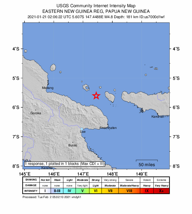 USGS DYFI community-reported intensity map for the M4.8 earthquake near 113 km NNW of Finschhafen, Papua New Guinea