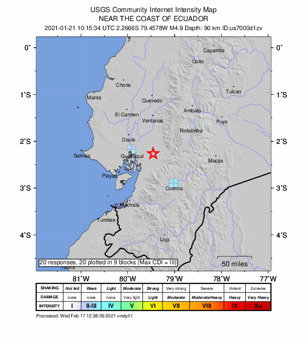 USGS DYFI community-reported intensity map for the M4.9 earthquake near 6 km SSW of Coronel Marcelino Maridueña, Ecuador