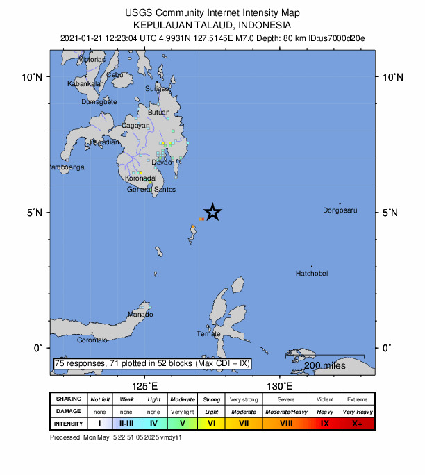 USGS DYFI community-reported intensity map for the M7.0 earthquake near 211 km SE of Pondaguitan, Philippines