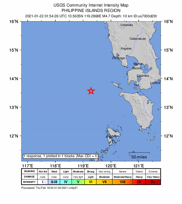 USGS DYFI community-reported intensity map for the M4.7 earthquake near Philippine Islands region