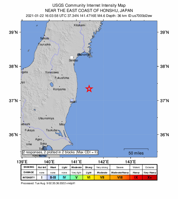 USGS DYFI community-reported intensity map for the M4.6 earthquake near 44 km ESE of Namie, Japan