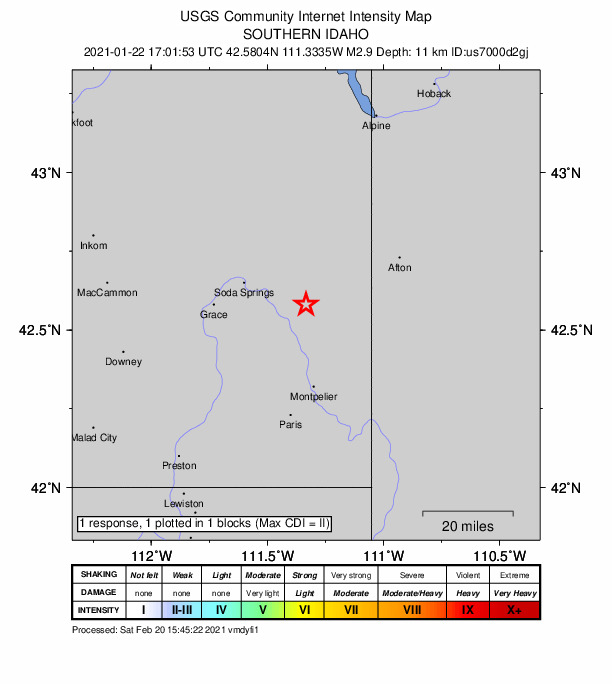 USGS DYFI community-reported intensity map for the M2.9 earthquake near 11 km N of Georgetown, Idaho