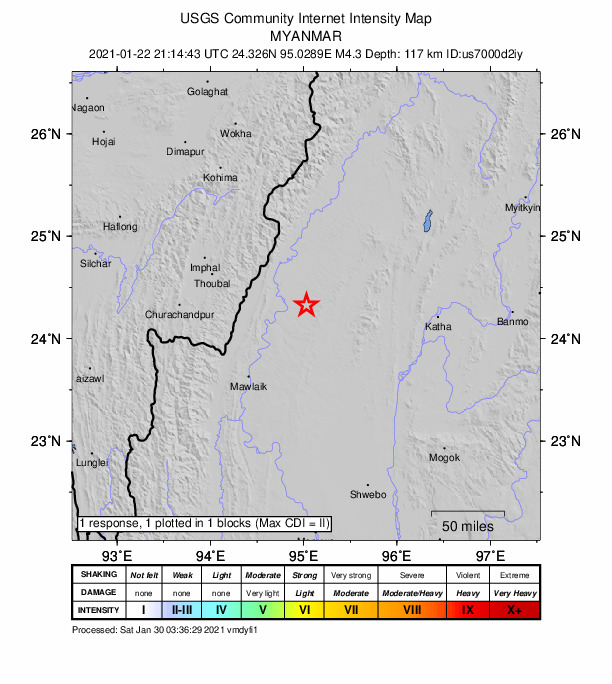 USGS DYFI community-reported intensity map for the M4.3 earthquake near 98 km NE of Mawlaik, Myanmar