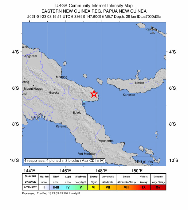 USGS DYFI community-reported intensity map for the M5.8 earthquake near 36 km NW of Finschhafen, Papua New Guinea