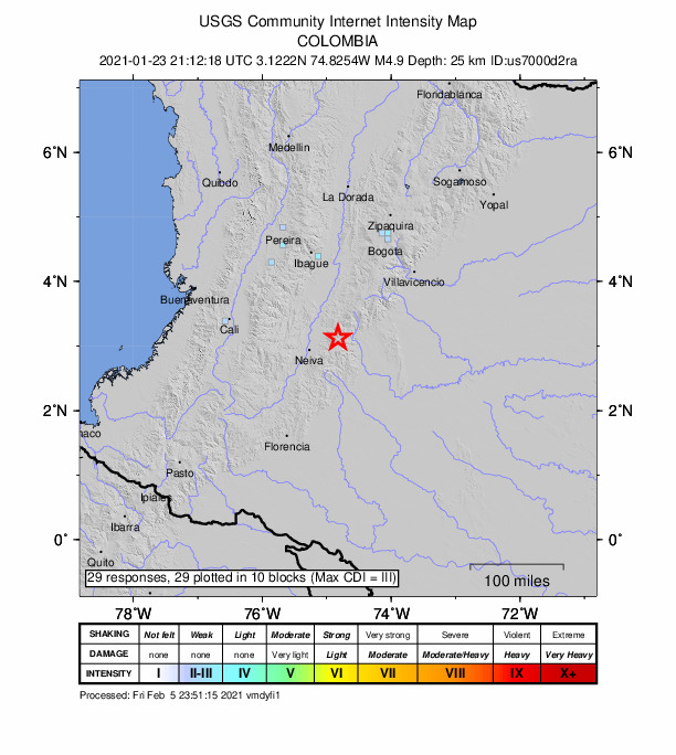 USGS DYFI community-reported intensity map for the M4.9 earthquake near 25 km E of Baraya, Colombia