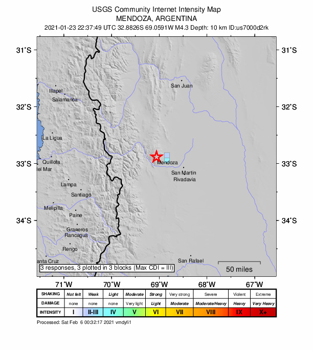 USGS DYFI community-reported intensity map for the M4.3 earthquake near 15 km W of Mendoza, Argentina