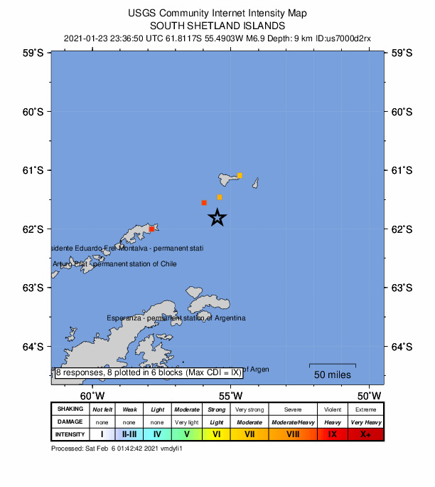 USGS DYFI community-reported intensity map for the M6.9 earthquake near South Shetland Islands