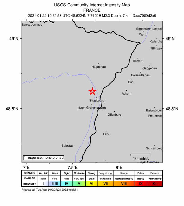 USGS DYFI community-reported intensity map for the M2.3 earthquake near France