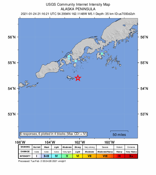 USGS DYFI community-reported intensity map for the M5.0 earthquake near 71 km S of King Cove, Alaska